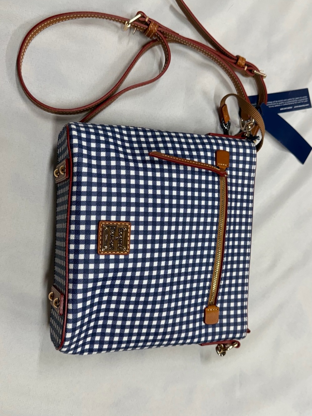 Dooney & Bourke Navy and White Gingham Crossbody with Tan Trim